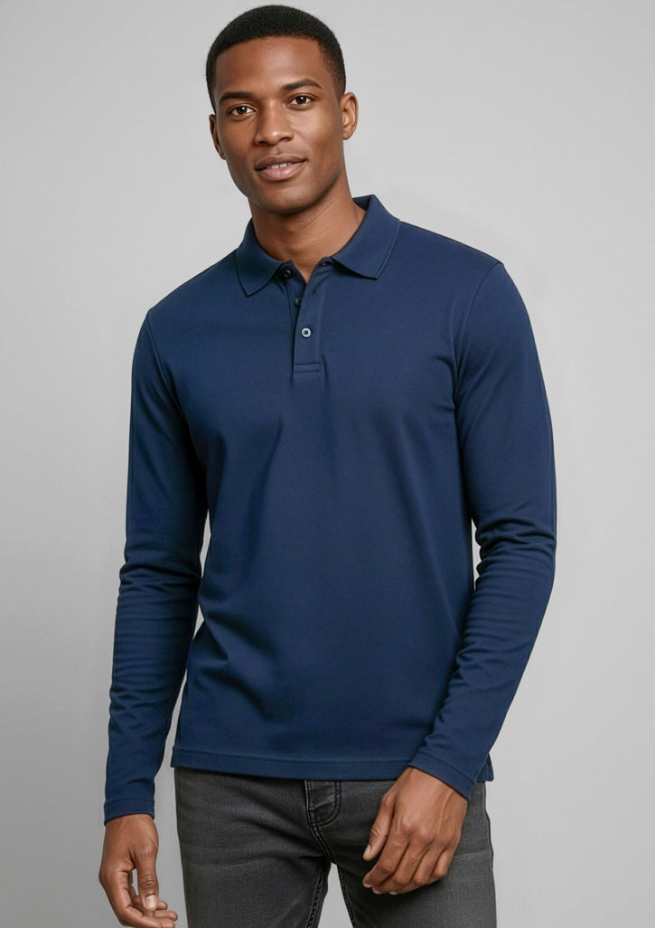 Biz Collection Mens Crew Long Sleeve Polo - Navy