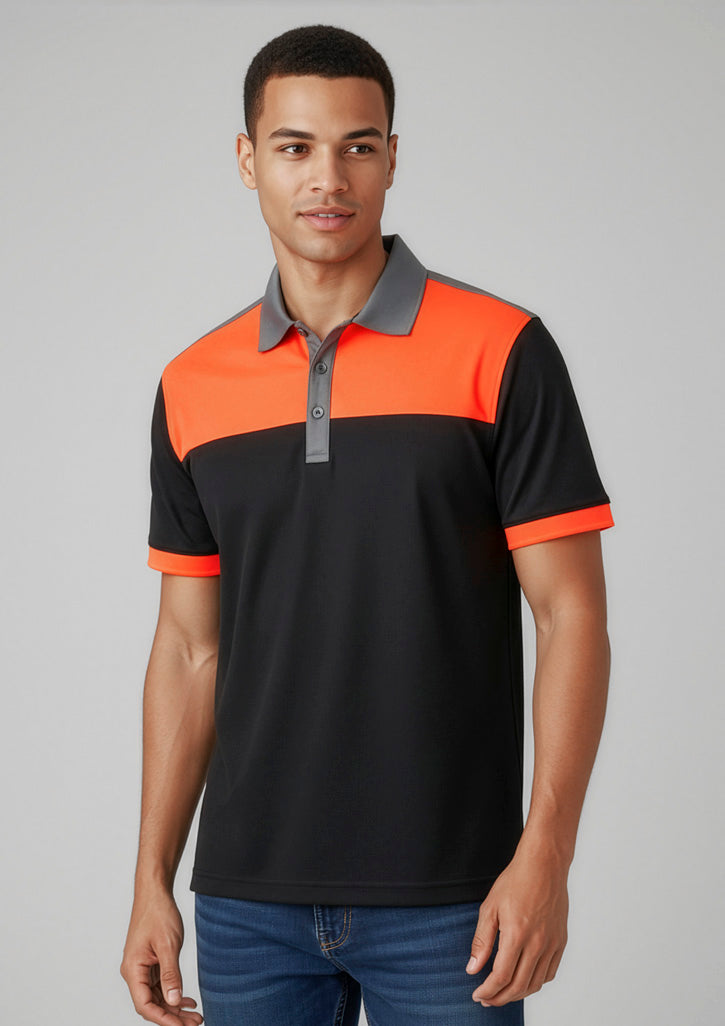 Biz Collection Mens Charger Short Sleeve Polo - Black/Fluoro Orange/Grey