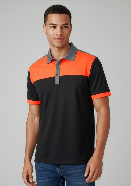 Biz Collection Mens Charger Short Sleeve Polo - Black/Fluoro Orange/Grey