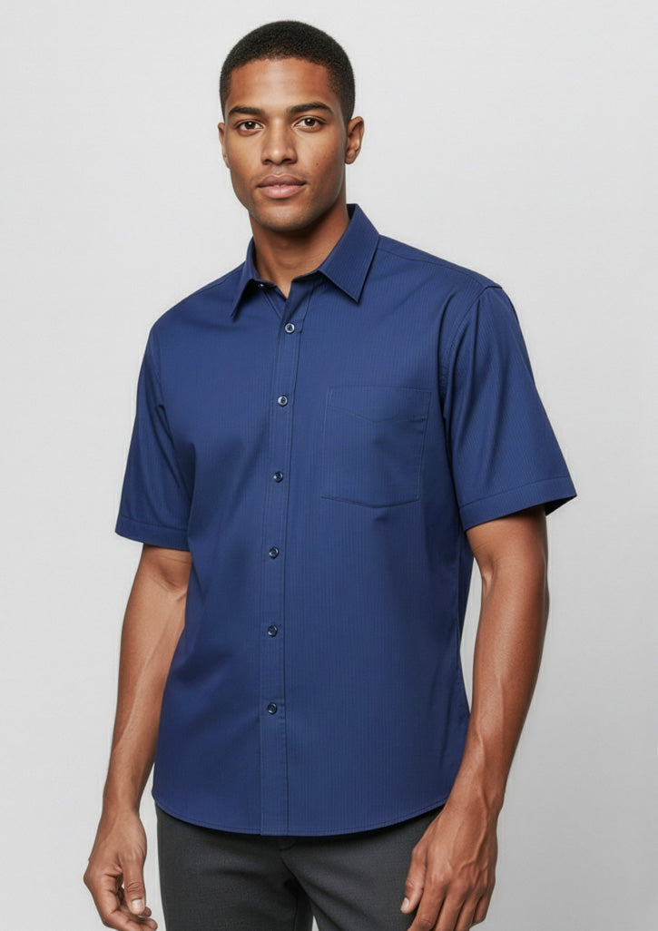 Biz Collection Mens Micro Check Short Sleeve Shirt - Navy