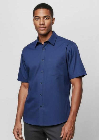 Biz Collection Mens Micro Check Short Sleeve Shirt - Navy