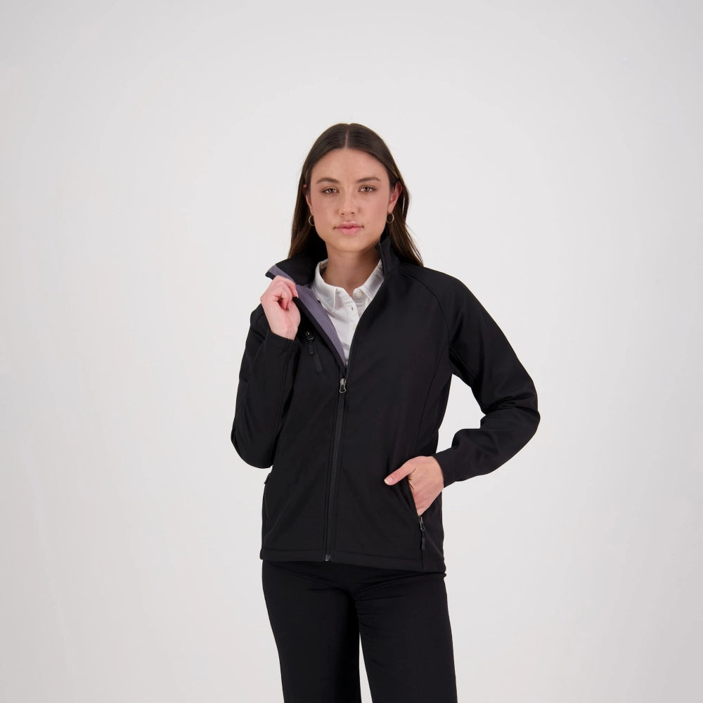 Woman wearing a black jacket on a white background