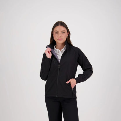 Woman wearing a black jacket on a white background