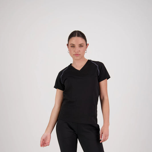 Person wearing a black athletic outfit on a white background