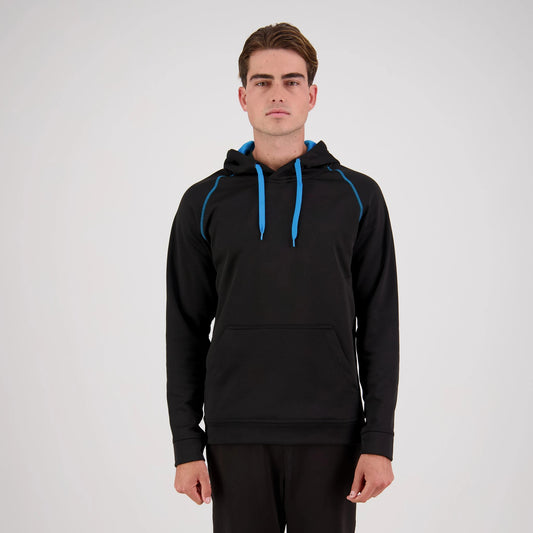 Person wearing a black hoodie with blue drawstrings on a white background