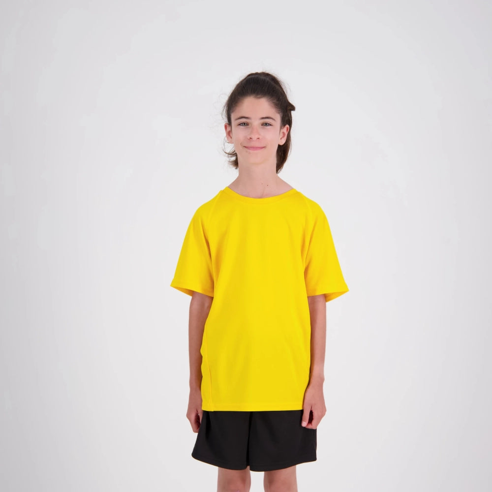Person wearing a yellow t-shirt and black shorts on a white background