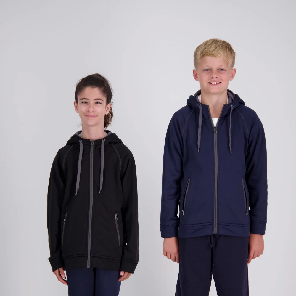 Two children wearing navy blue hoodies on a white background