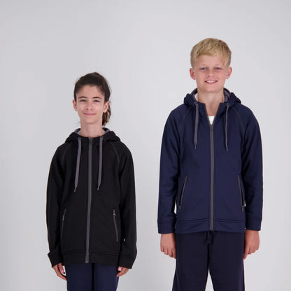 Two children wearing navy blue hoodies on a white background