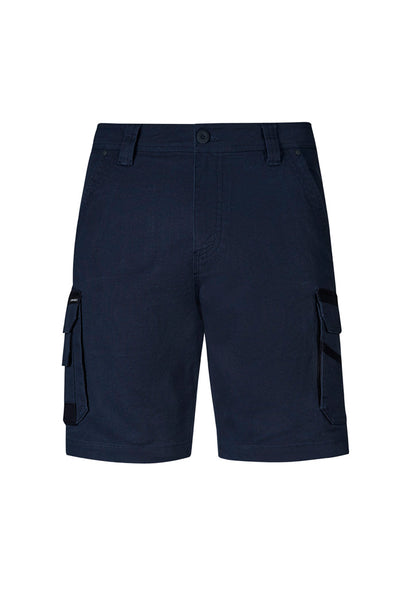 Navy blue cargo shorts on a white background