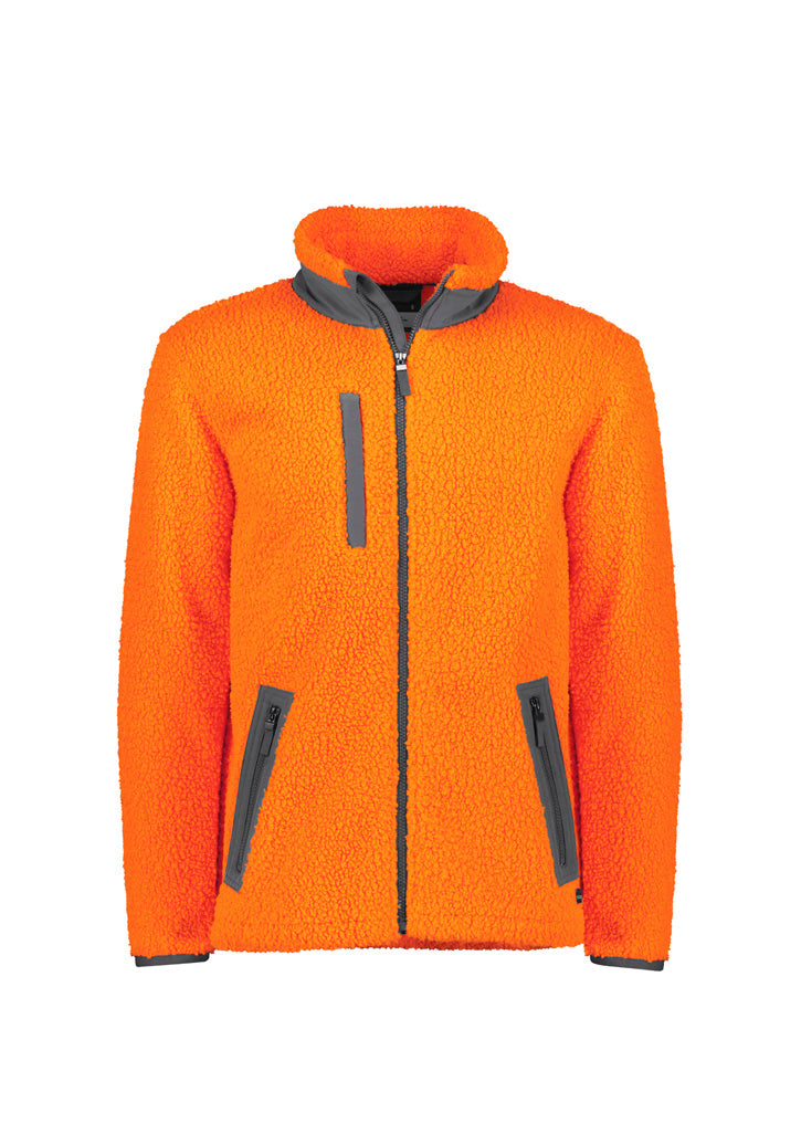 Orange fleece jacket with gray zippers on a white background