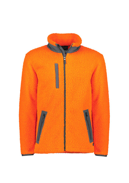 Orange fleece jacket with gray zippers on a white background