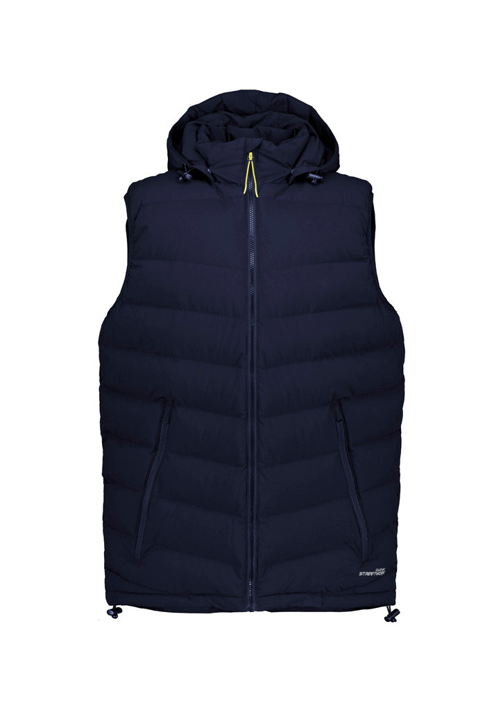 Black puffer vest with a hood on a white background