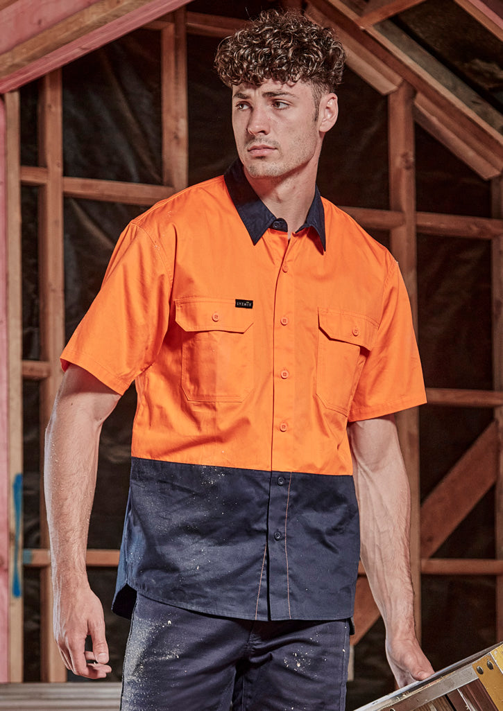 Syzmik Mens Hi Vis Short Sleeve Shirt - Orange/Navy