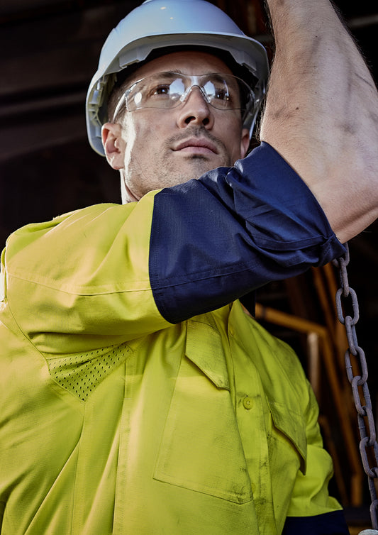 Syzmik Mens Rugged Cooling Hi Vis Long Sleeve Shirt - Yellow/Navy