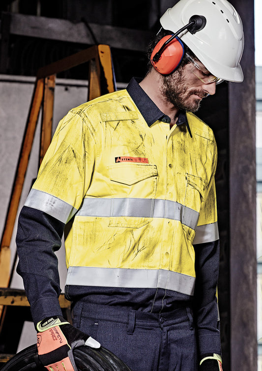 Mens Orange Flame Hi Vis Open Front Spliced Shirt - Hoop Taped ZW140