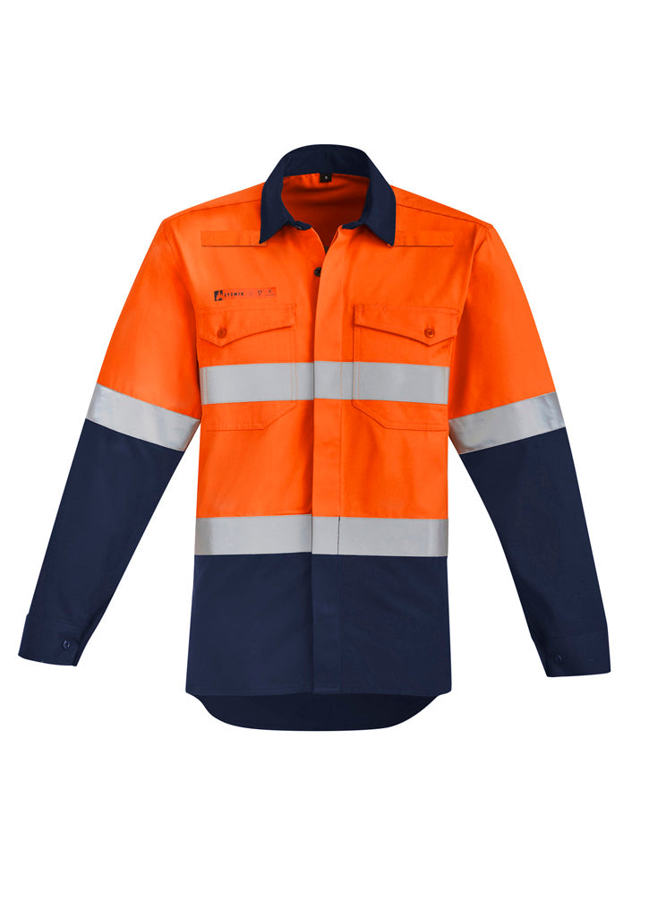 Syzmik Mens Orange Flame Hi Vis Open Front Spliced Shirt - Hoop Taped - Orange/Navy