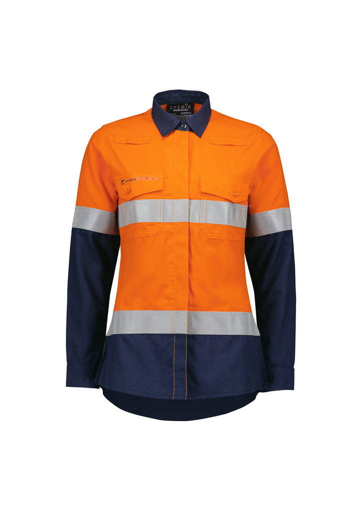 Syzmik Womens Orange Flame Lightweight Ripstop Taped Shirt - Orange/Navy
