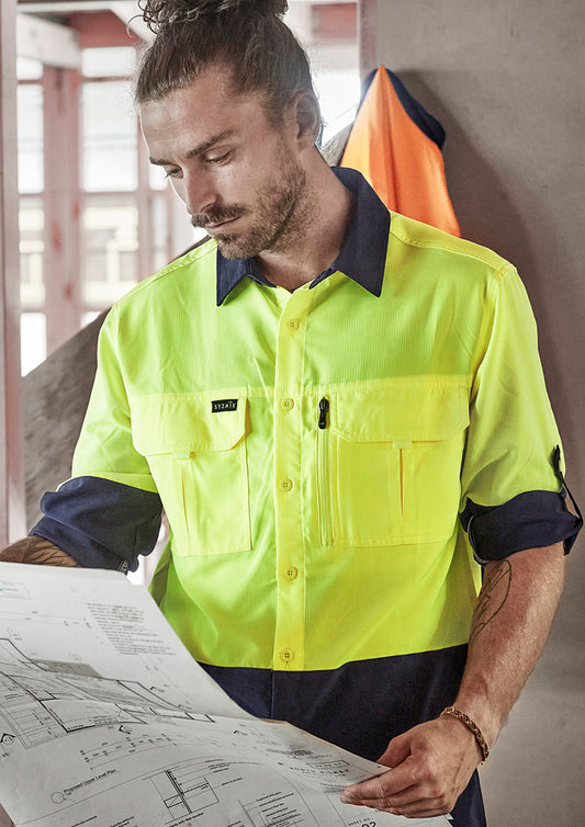 Syzmik Mens Hi Vis Outdoor Long Sleeve Shirt - Yellow/Navy