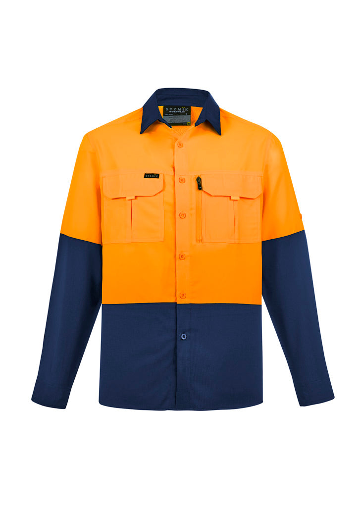 Syzmik Mens Hi Vis Outdoor Long Sleeve Shirt - Orange/Navy