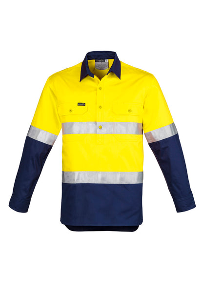 Syzmik Mens Closed Front Long Sleeve Shirt - Hoop Taped - Yellow/Navy