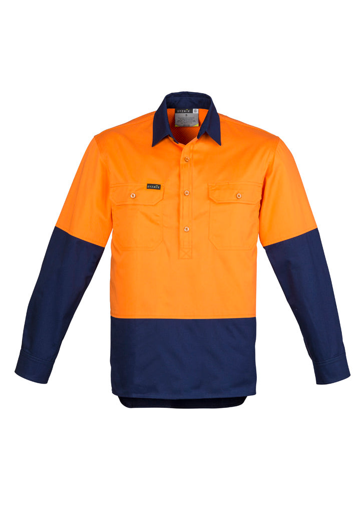 Syzmik Mens Closed Front Long Sleeve Shirt - Orange/Navy