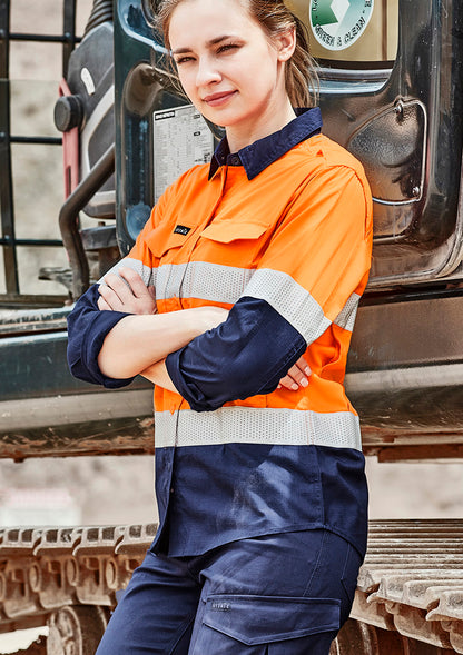 Syzmik Womens Rugged Cooling Hi Vis Taped Long Sleeve Shirt - Orange/Navy