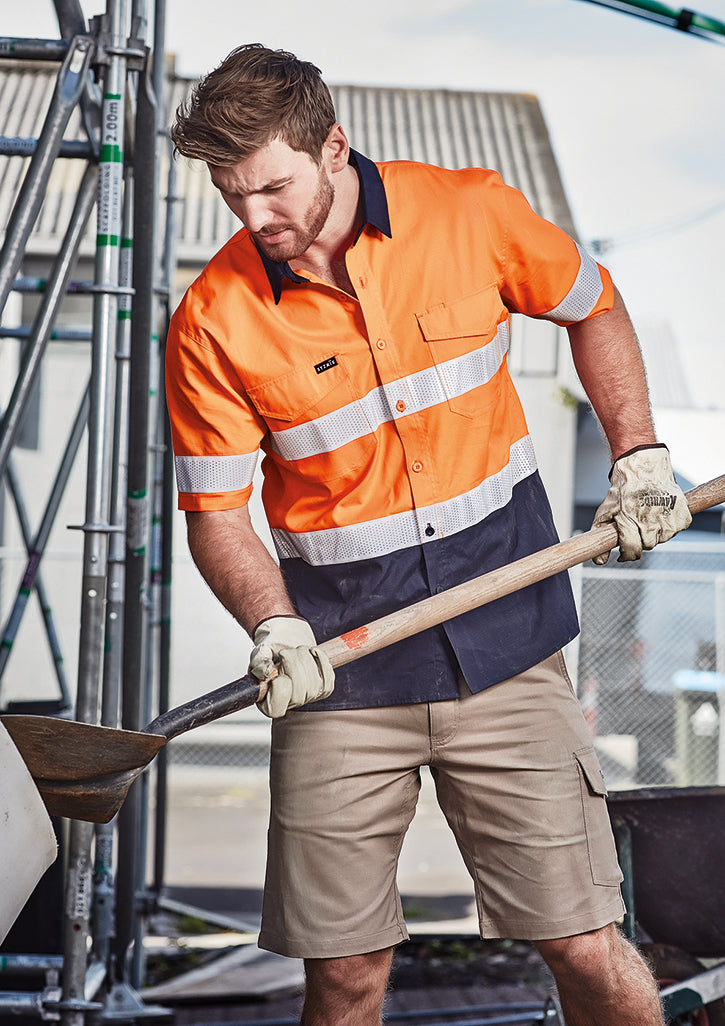 Syzmik Mens Rugged Cooling Hi Vis Taped Short Sleeve Shirt - Orange/Navy