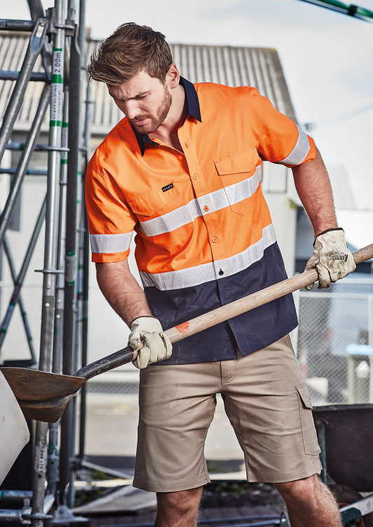 Syzmik Mens Rugged Cooling Hi Vis Taped Short Sleeve Shirt - Orange/Navy