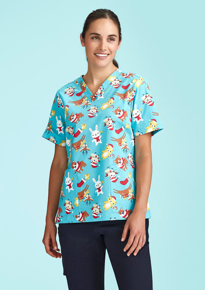 Womens Christmas Short Sleeve V-neck Scrub Cotton CST446LS