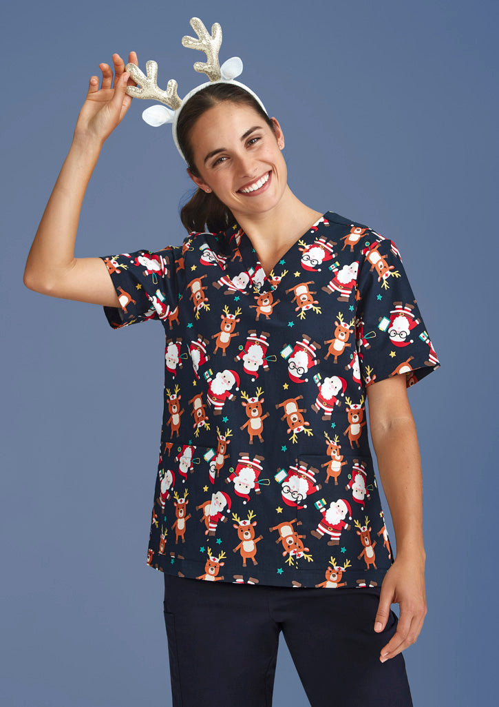 Womens Christmas Short Sleeve V-neck Scrub Cotton CST446LS
