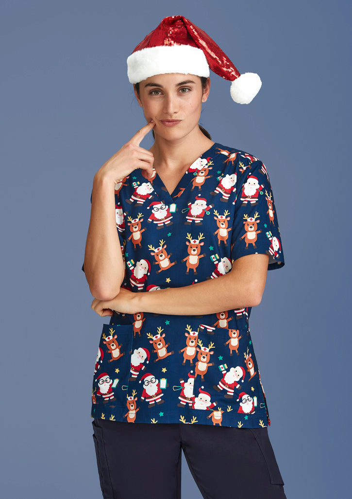 Womens Christmas Short Sleeve V-neck Scrub CST447LS