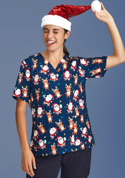 Womens Christmas Short Sleeve V-neck Scrub CST447LS